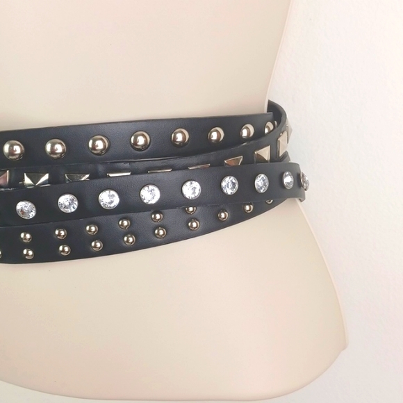 Edgy Strappy Silver Studded Black Faux Leather Rhinestone Ante-Upper Belt - Picture 3 of 9